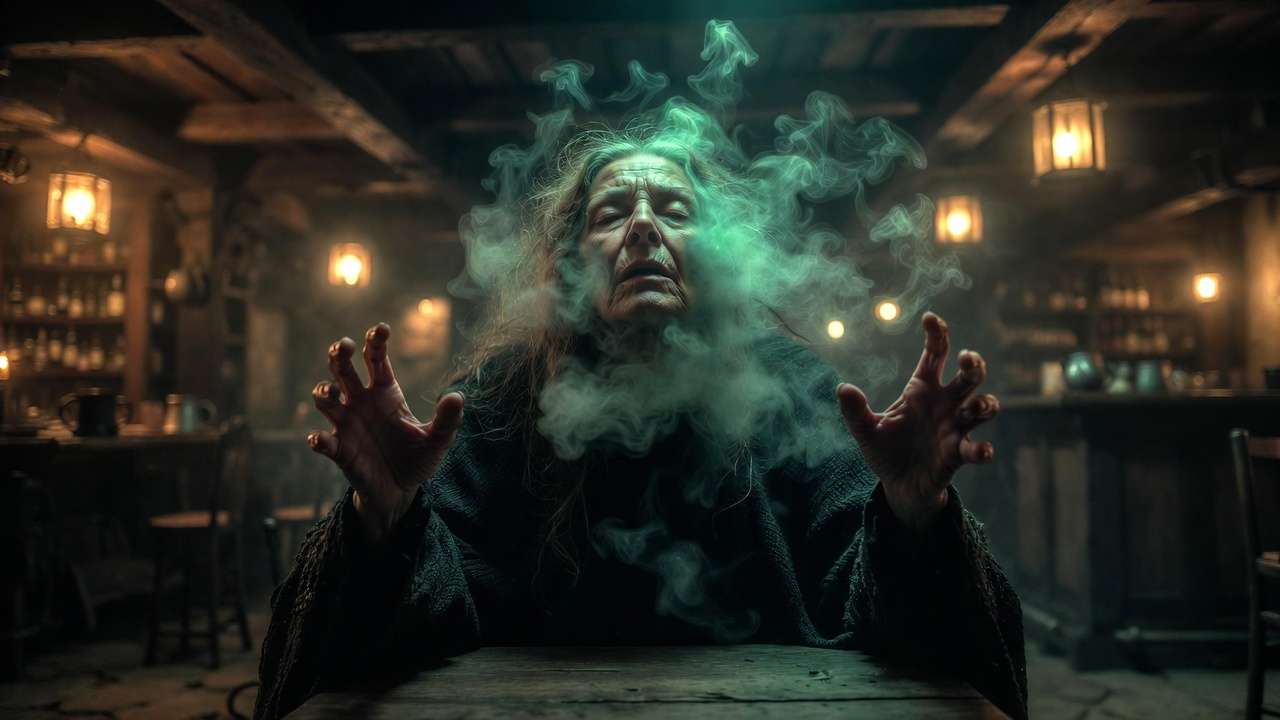 Sybill Trelawney delivering the Chosen One prophecy in trance at the Hog's Head, Harry Potter