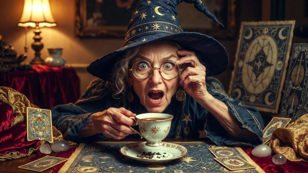 Sybill Trelawney dramatically reading tea leaves in her theatrical Divination class, Harry Potter