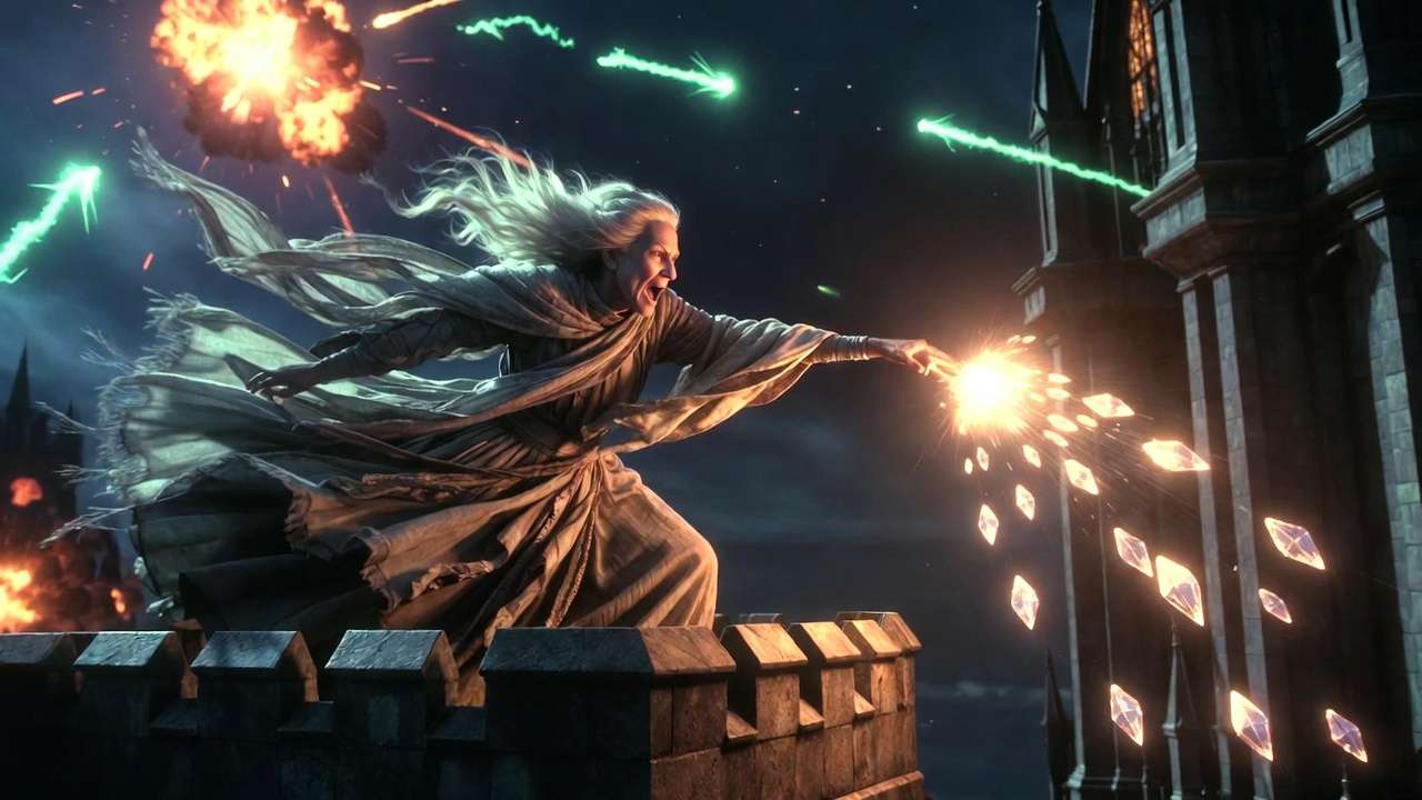 Professor Trelawney fighting in the Battle of Hogwarts by throwing crystal balls, Harry Potter