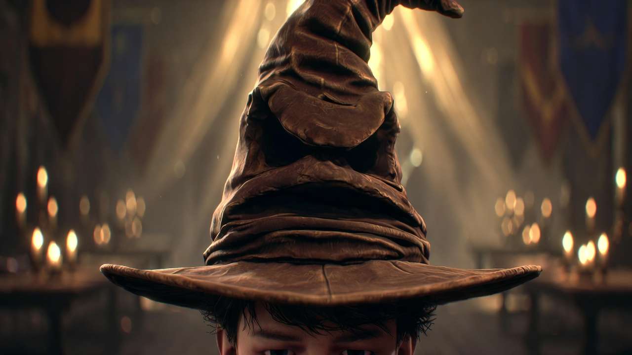 Sorting Hat placed on student's head during Hogwarts Legacy ceremony