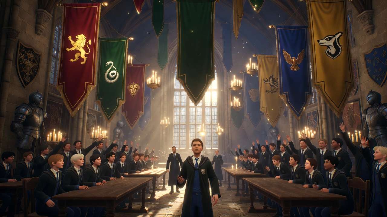 Hogwarts Legacy Sorting Ceremony in Great Hall with glowing house banners