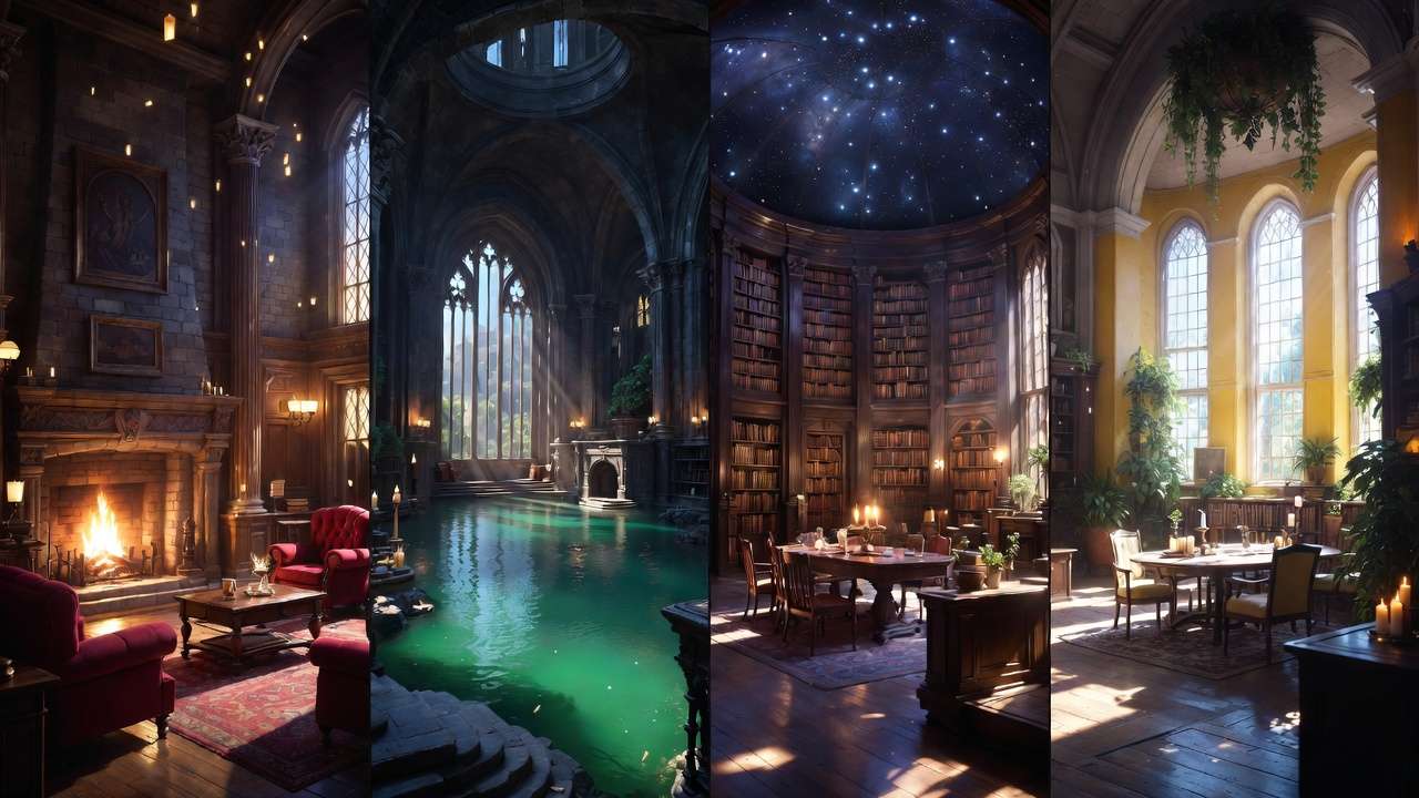 Four Hogwarts Legacy house common rooms: Gryffindor, Slytherin, Ravenclaw, Hufflepuff