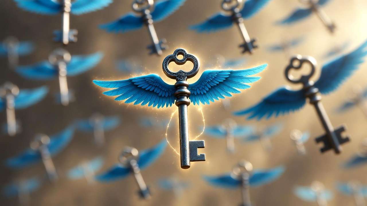 Symbolic damaged blue-winged silver key representing the flying keys challenge and deeper themes in Harry Potter