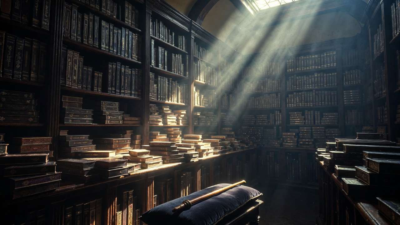 Magical wand shop interior highlighting key Harry Potter characters like Ollivander