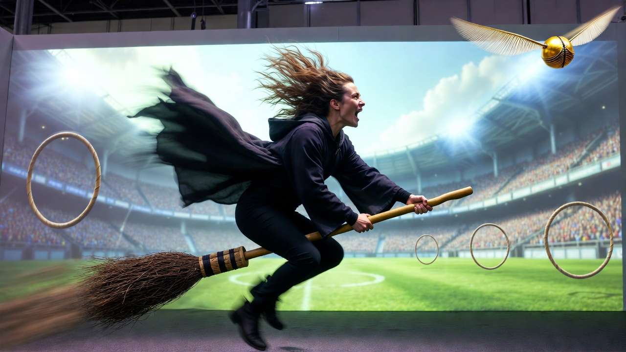 Thrilling Quidditch broom flying interactive experience at Harry Potter Exhibition NYC