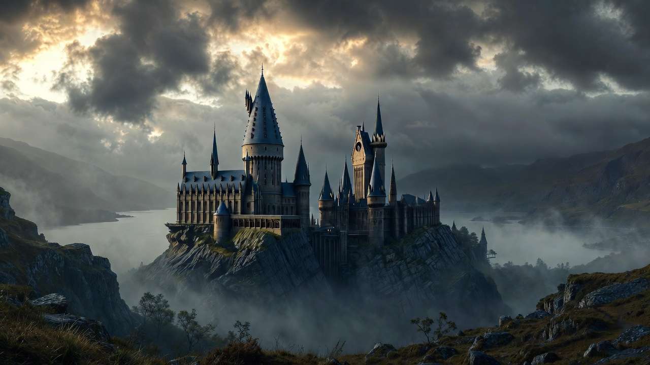 Iconic Hogwarts castle wide view against dramatic sky Scottish highlands Harry Potter landscape.