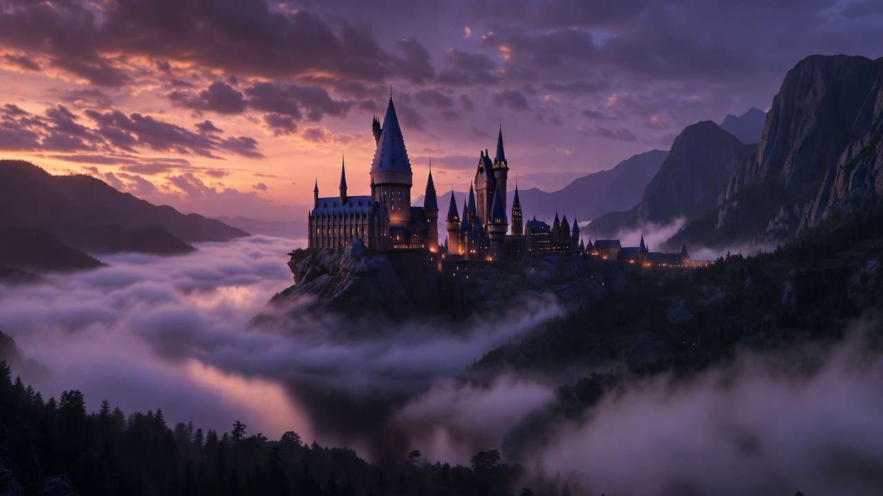 Hogwarts castle at dusk over the Black Lake misty twilight view from Harry Potter films.