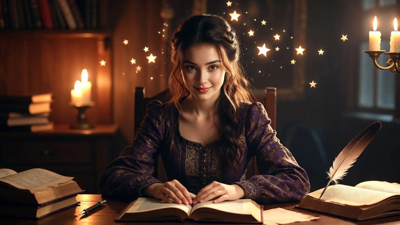 Mother thoughtfully choosing a magical Harry Potter-inspired girl name at a enchanted desk with books and stars.