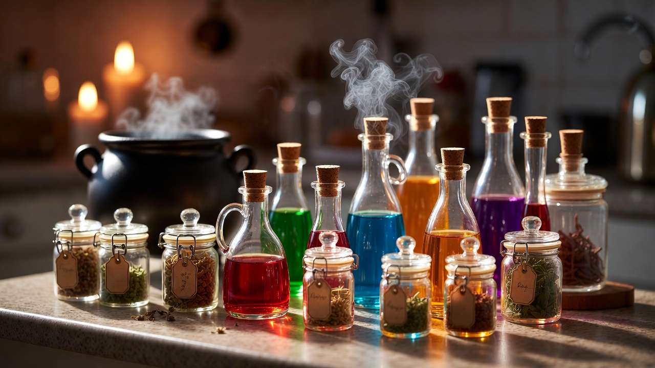Colorful potion bottles and herb jars creating a magical herbology display on a Harry Potter kitchen counter