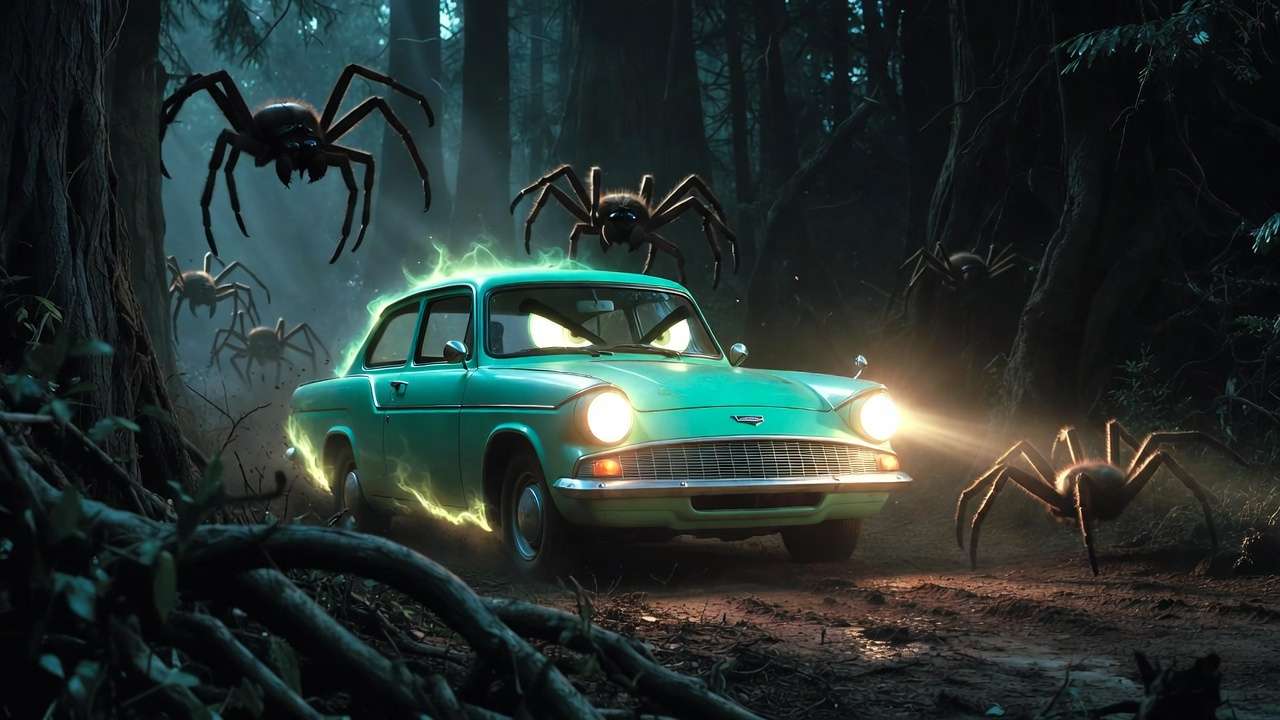 Sentient flying Ford Anglia rescuing Harry and Ron from Acromantulas in Forbidden Forest