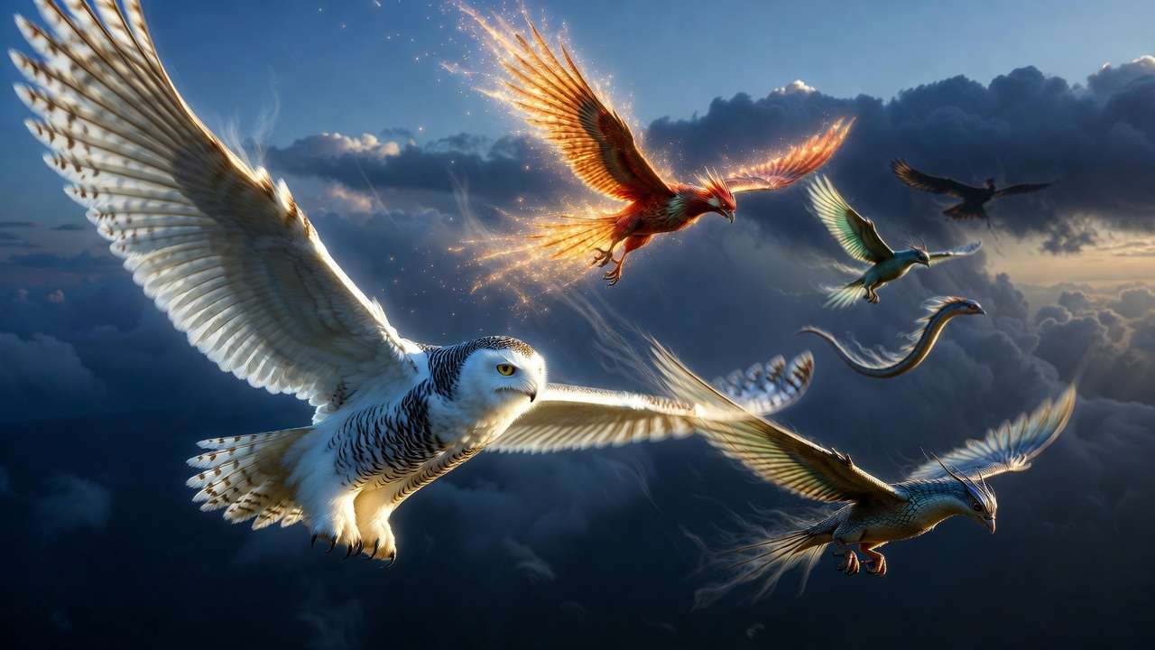 Magical birds of Harry Potter flying together: Hedwig, Fawkes, Augurey, Occamy and more