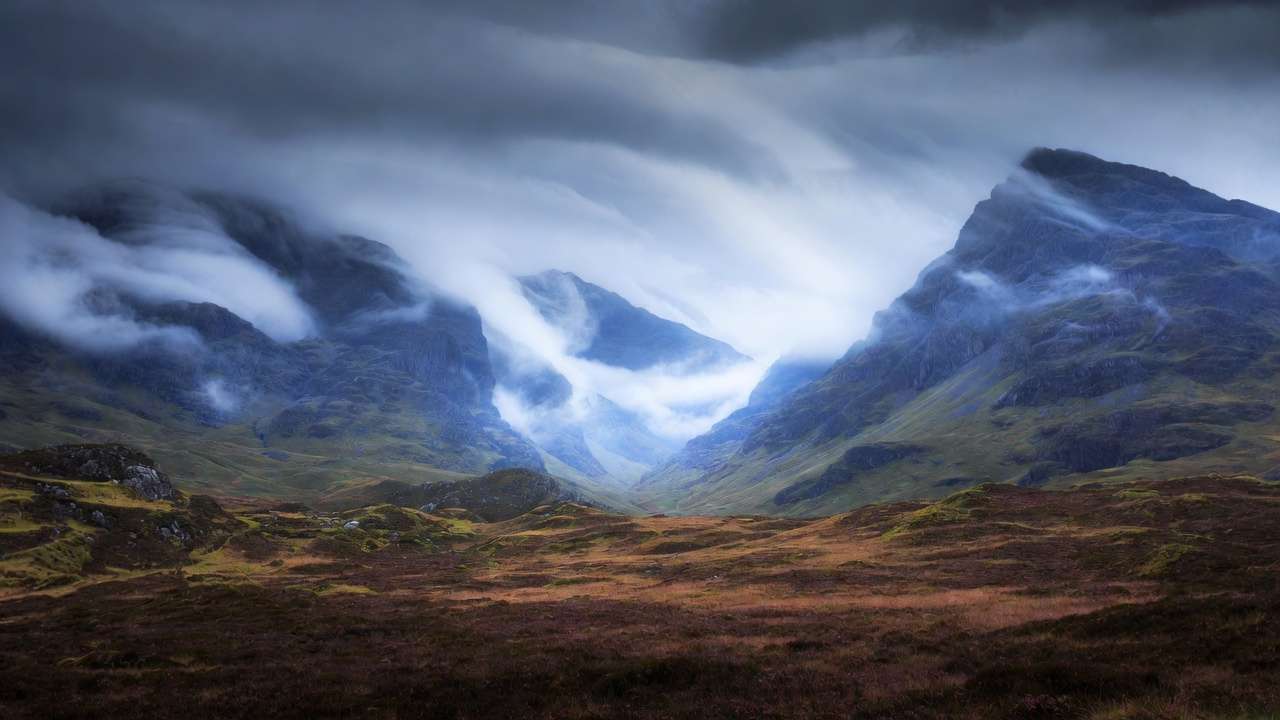 Glencoe Valley misty highlands dramatic Scottish landscape Harry Potter filming location.