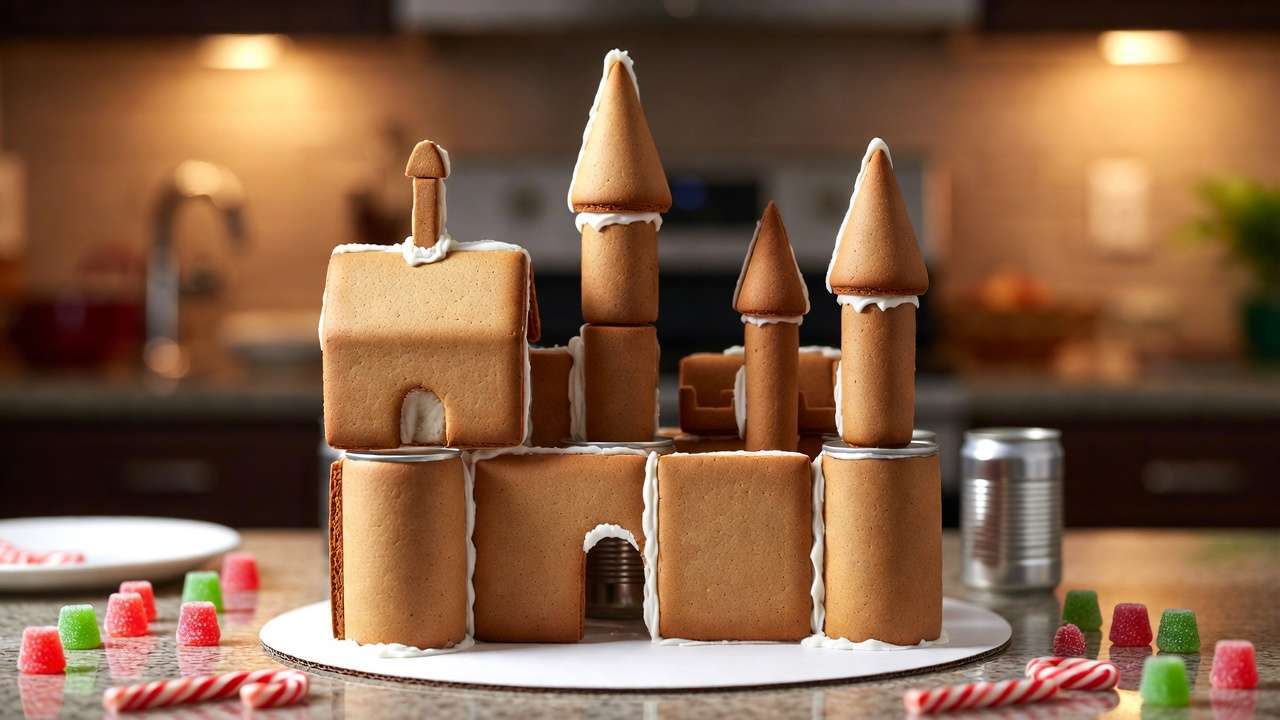 Step-by-step assembly of sturdy Harry Potter gingerbread house with royal icing support