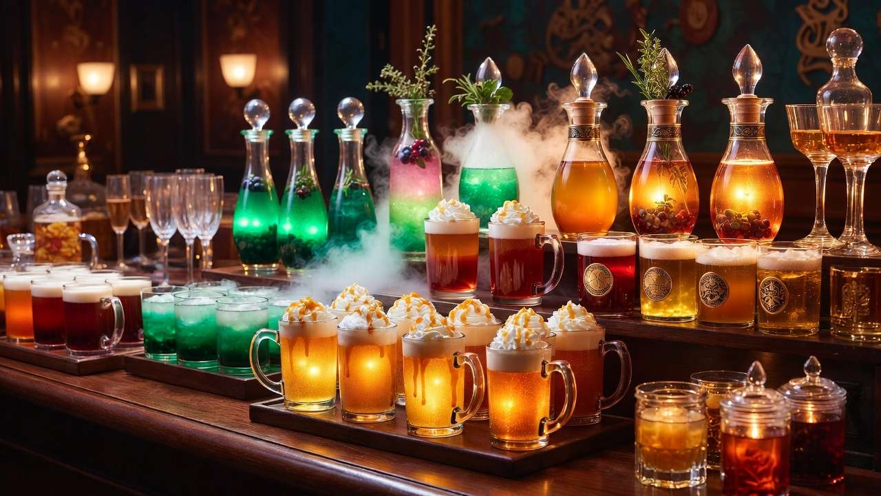 Magical Harry Potter wedding bar with butterbeer and colorful potion cocktails
