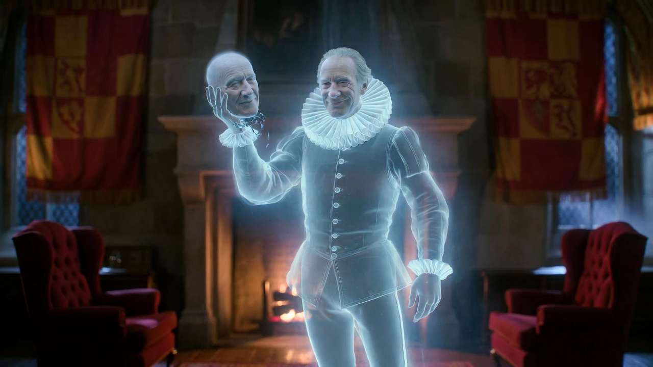 Nearly Headless Nick as the welcoming Gryffindor house ghost in the common room