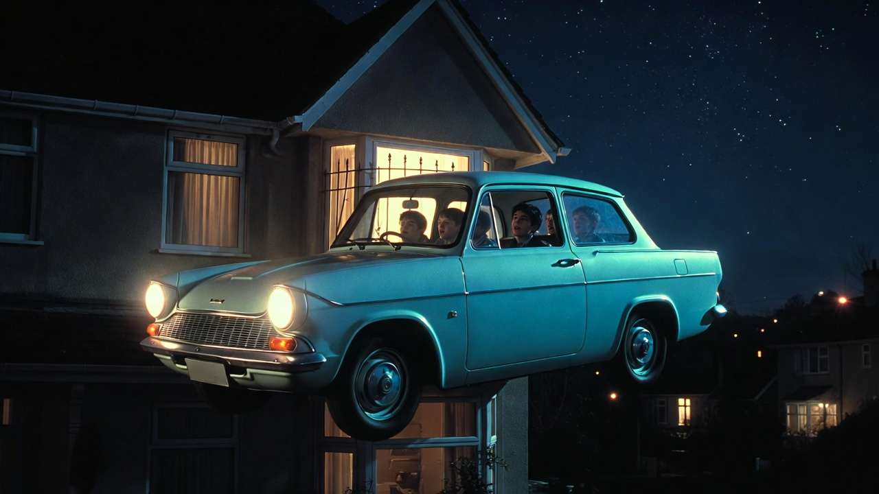 Flying Ford Anglia hovering at night rescuing Harry from Privet Drive bedroom window