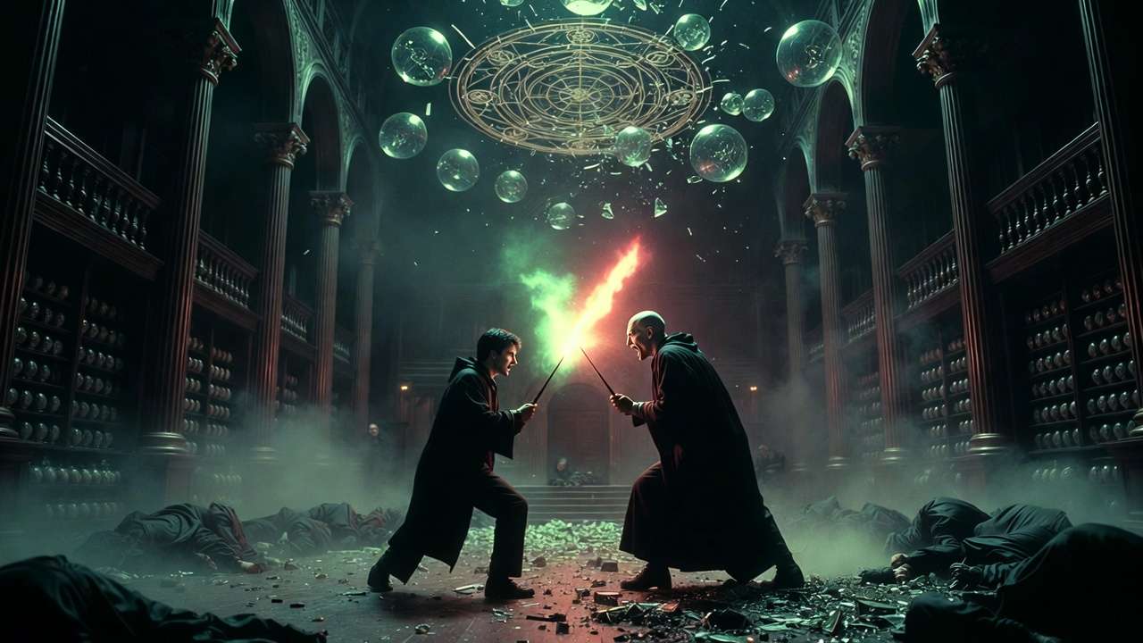 Harry Potter vs Voldemort duel symbolizing half-blood vs pure-blood ideology clash in Harry Potter series
