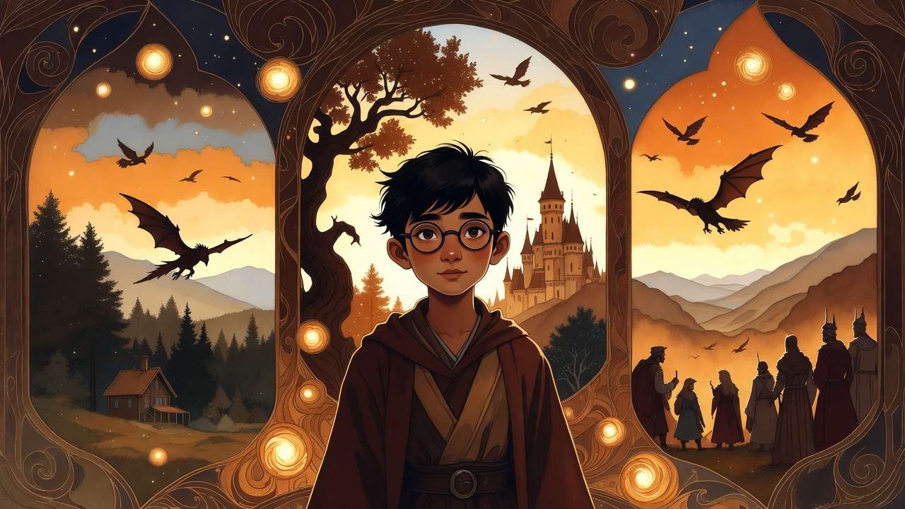 Beautiful Thai 20th anniversary Harry Potter book cover by Arch Apolar featuring layered magical Hogwarts scenes