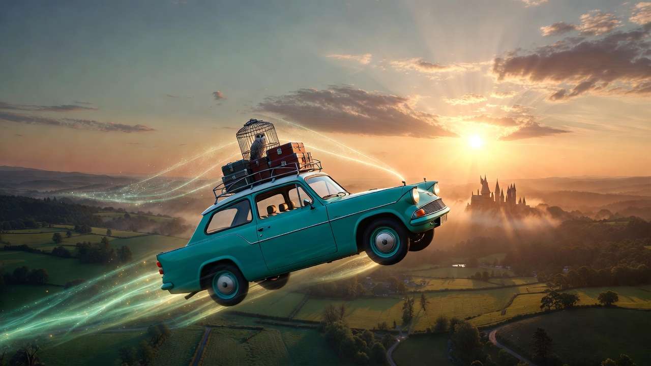 Flying car soaring over countryside on the way to Hogwarts at sunrise