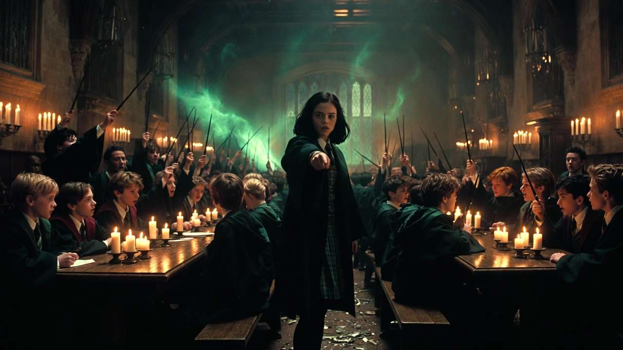 Pansy Parkinson calling to hand over Harry in the Great Hall during the Battle of Hogwarts