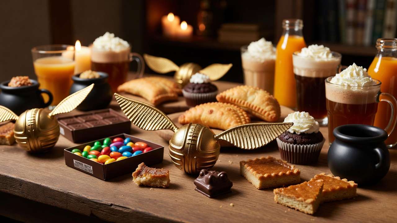 Harry Potter marathon snacks and butterbeer on wooden table including golden snitches, chocolate frogs, Bertie Bott's beans, and pumpkin pasties