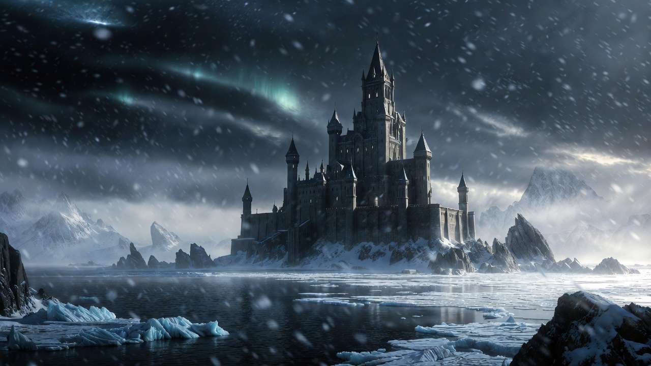 Durmstrang Institute castle in the frozen far north of Europe during a blizzard