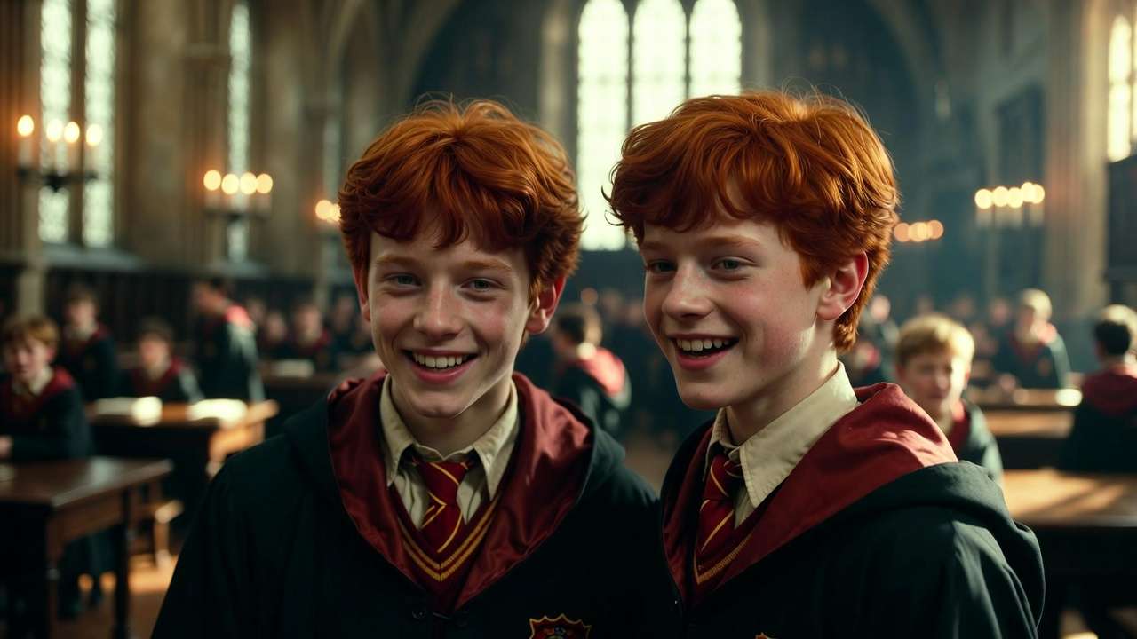 Fred and George Weasley smiling together in Hogwarts Great Hall as joyful Gryffindor twins
