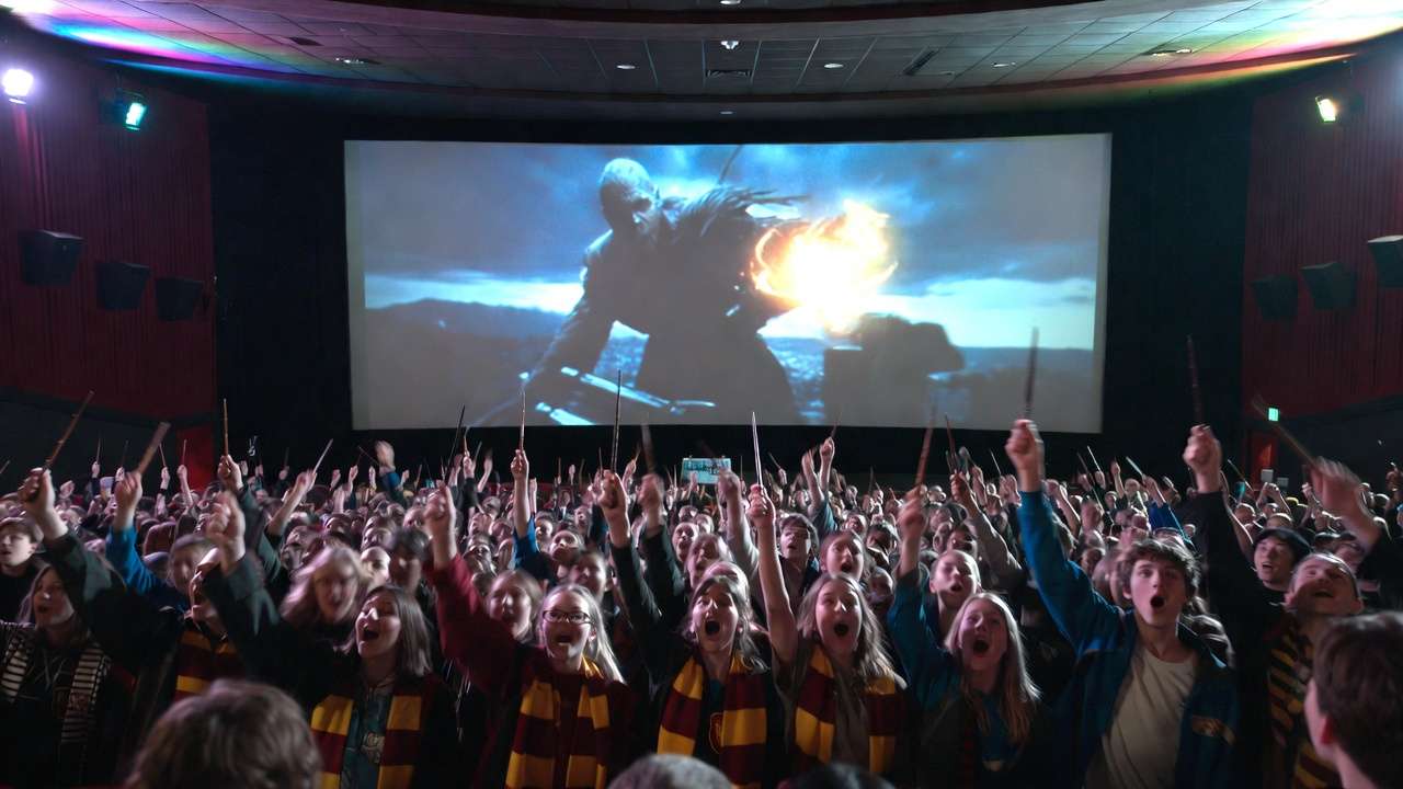 Harry Potter fans in theater watching Prisoner of Azkaban re-release with cosplay and excitement