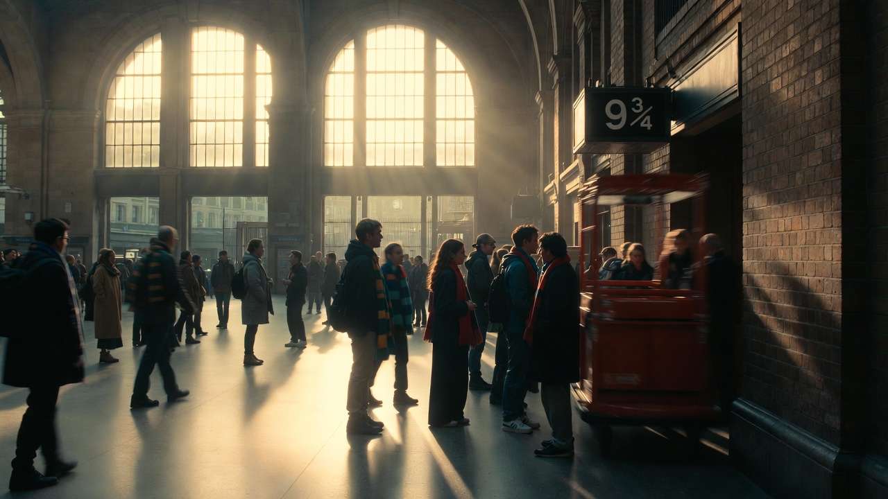 Early morning quiet queue at Platform 9¾ in King's Cross Station for Harry Potter fans