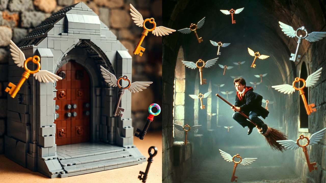 LEGO and film-inspired depiction of the Harry Potter flying keys challenge and its adaptations in wizarding world merchandise