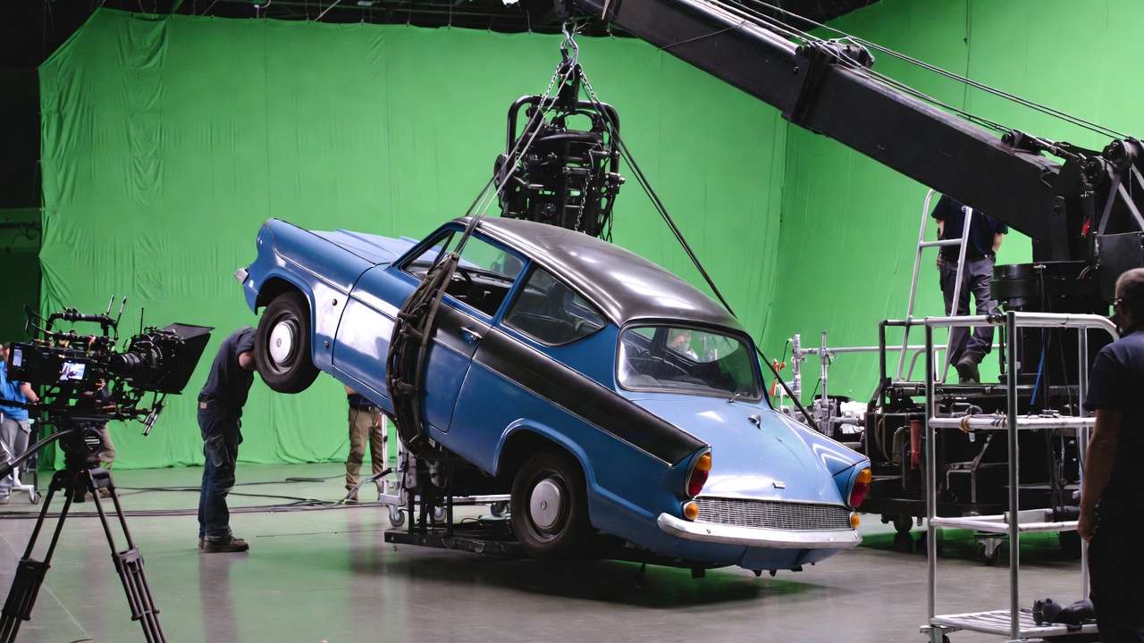 Behind-the-scenes shot of Ford Anglia on flying rig during Harry Potter Chamber of Secrets filming