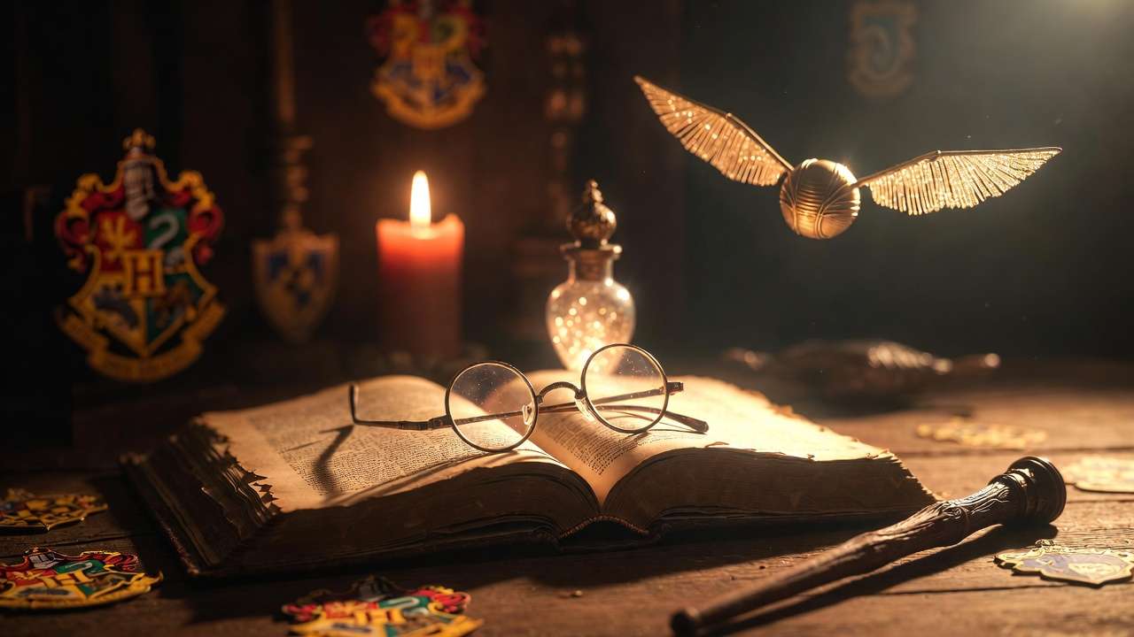 Magical Harry Potter memorabilia including wand, glasses, snitch, and book for streaming fans