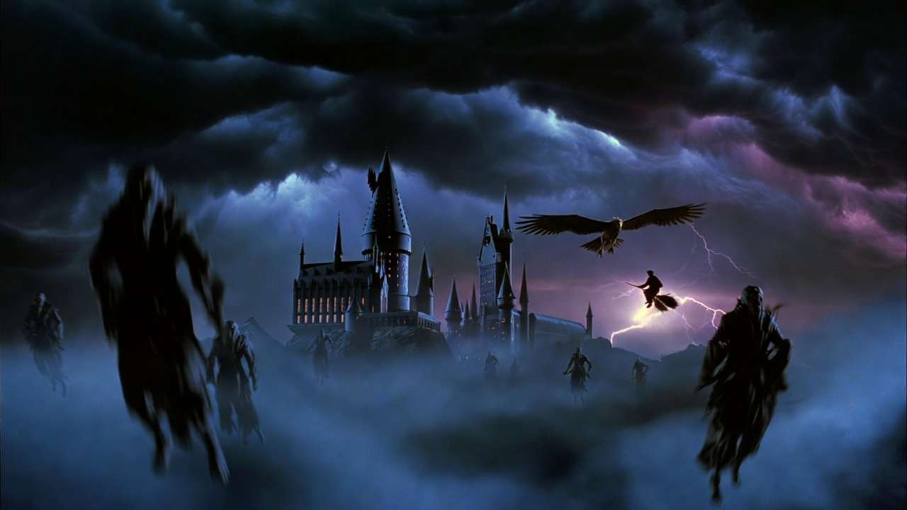 Harry Potter and the Prisoner of Azkaban cinematic scene with dementors and Buckbeak soaring over Hogwarts