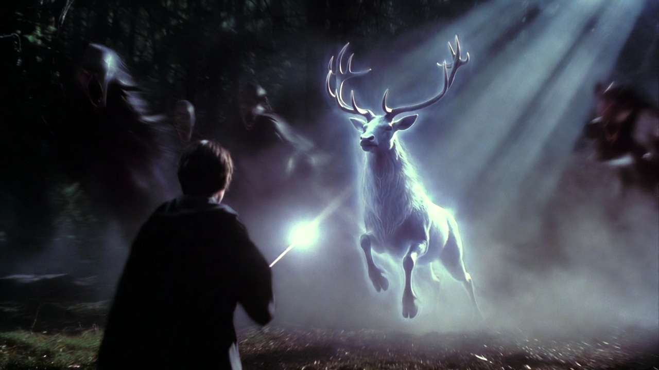 Harry casting Patronus stag charm against dementors in Prisoner of Azkaban magical scene