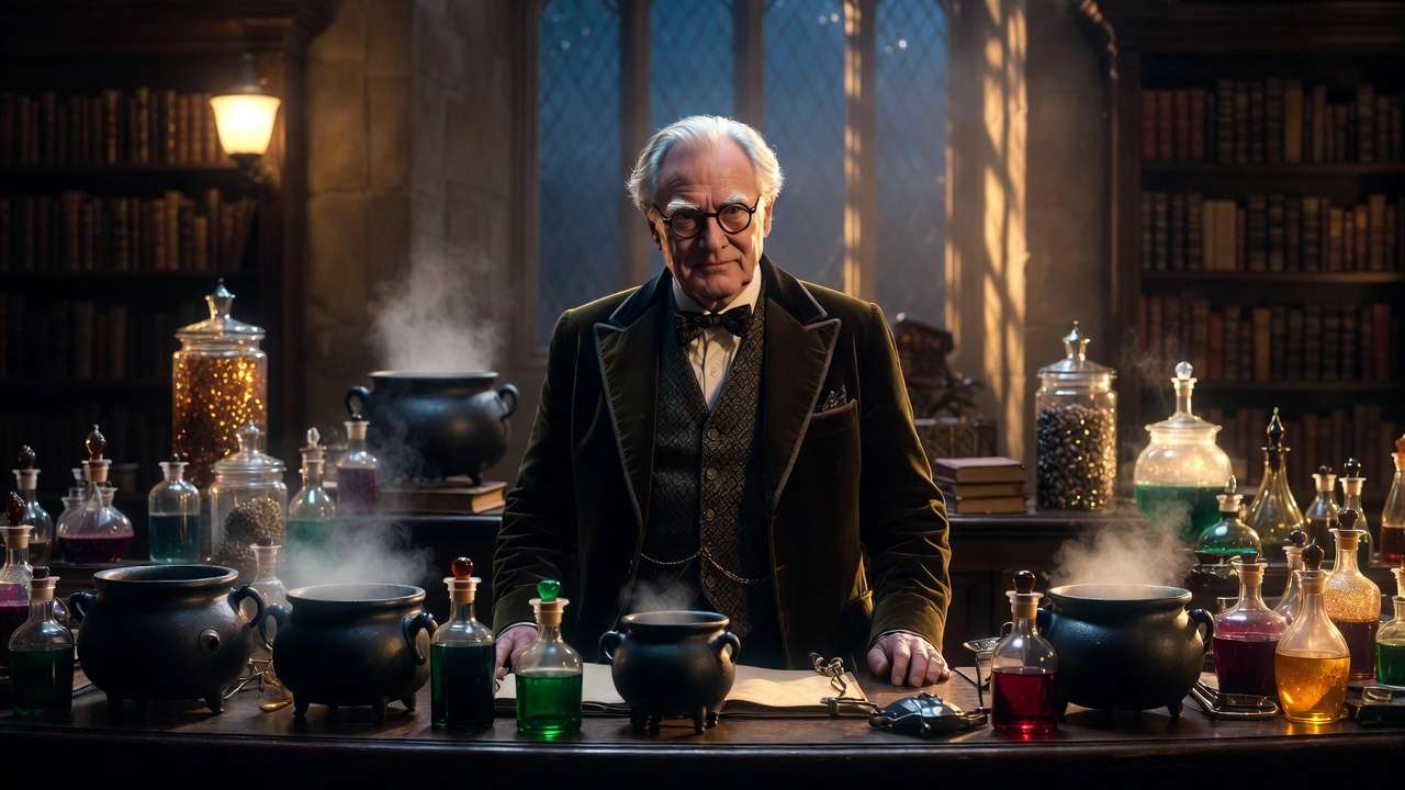 Horace Slughorn in the Hogwarts potions classroom, warm and luxurious setting from Harry Potter and the Half-Blood Prince