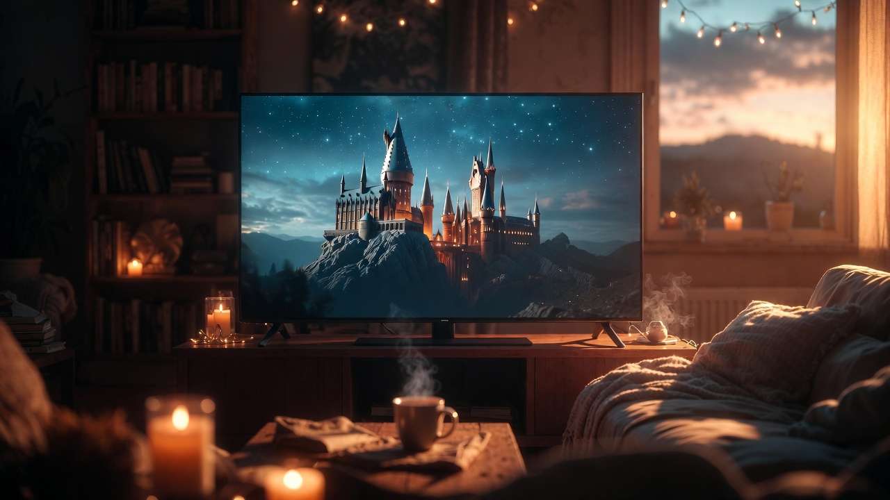 Cozy home setup streaming Harry Potter movies on TV with Hogwarts castle scene