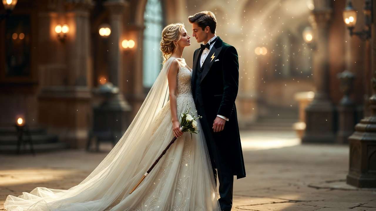 Bride and groom in tasteful Harry Potter themed wedding attire with wand bouquet and subtle magical details