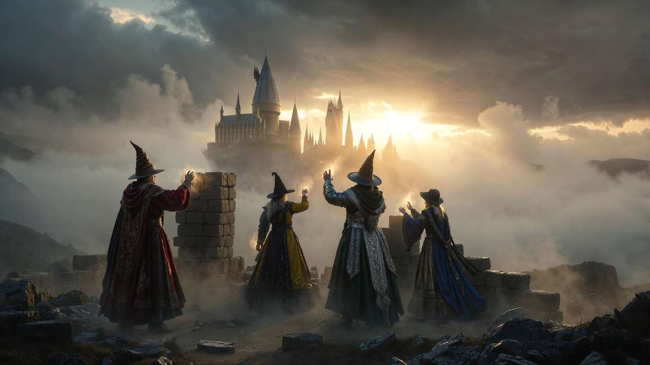 Four Hogwarts founders building the castle with magic in medieval Scotland