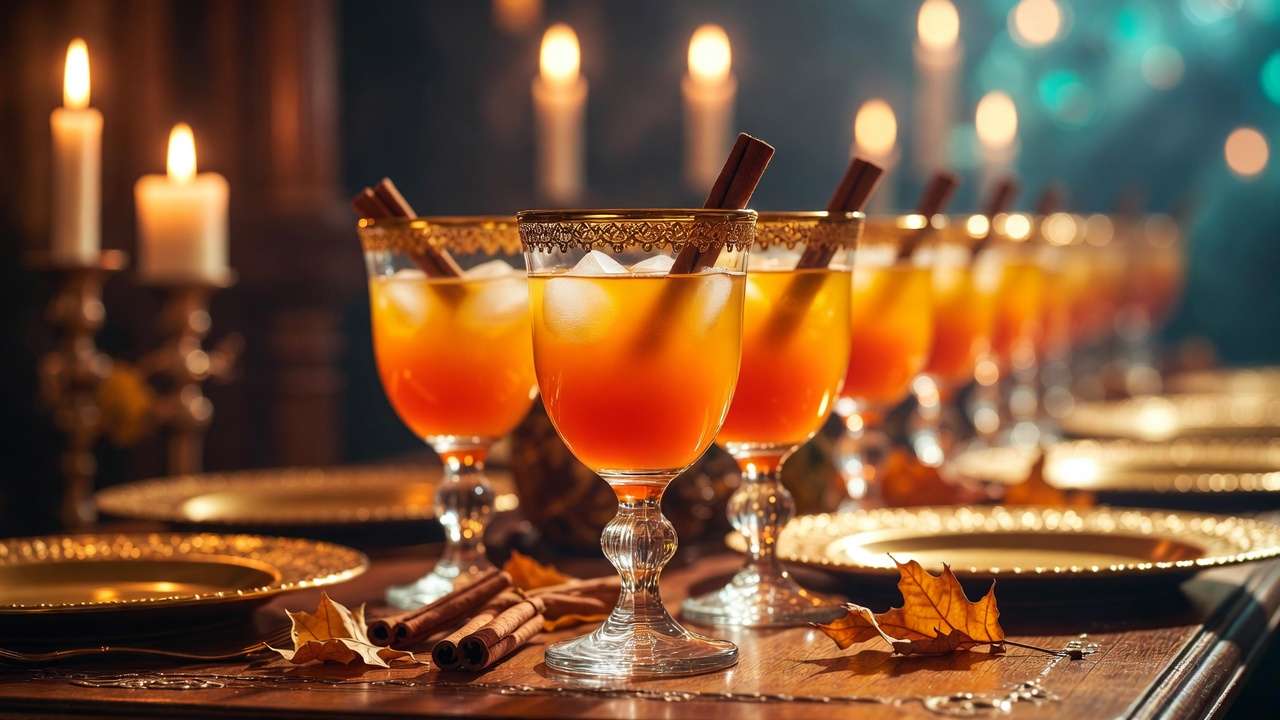 Harry Potter pumpkin juice served in goblets on a Hogwarts banquet table with fall decor
