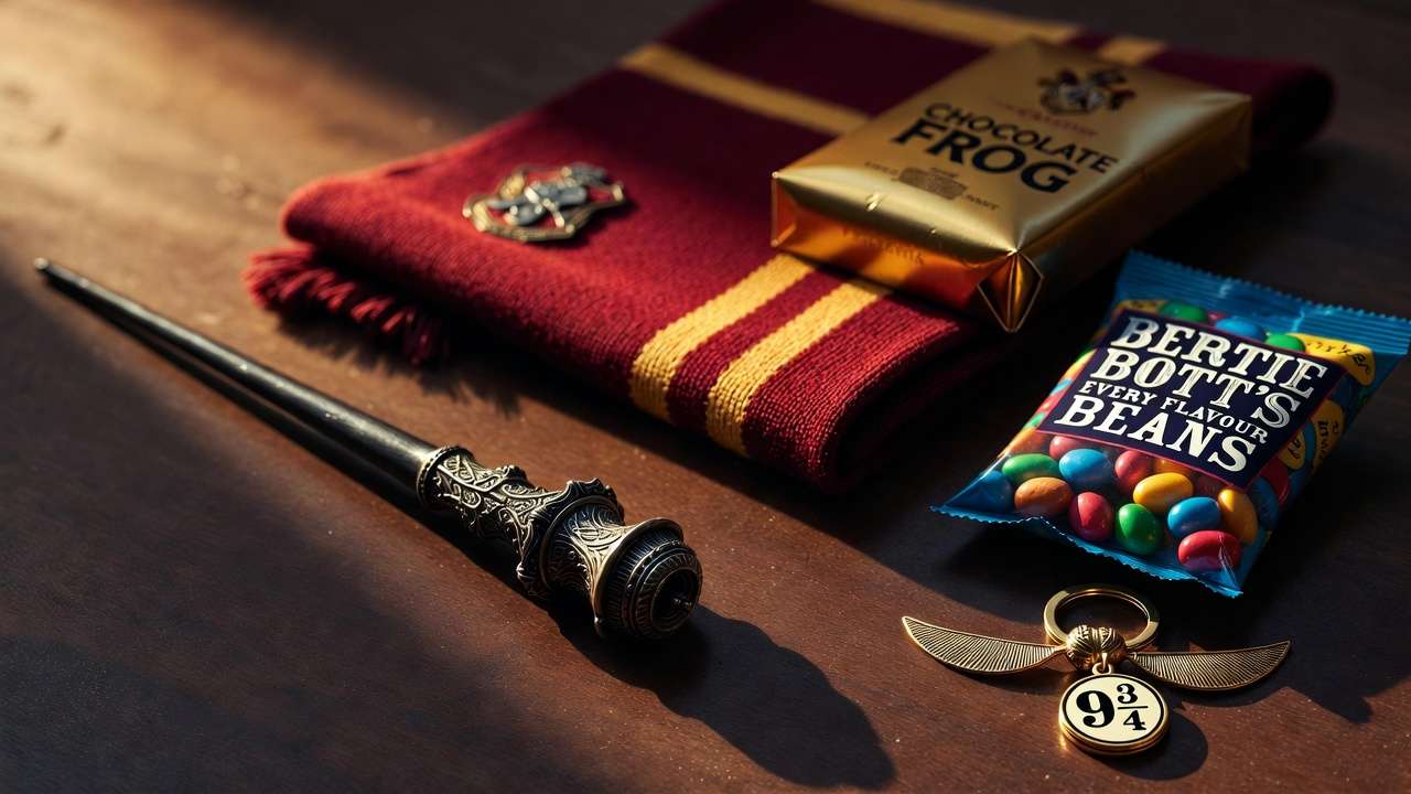Must-buy Harry Potter souvenirs from King's Cross: wand, house scarf, Chocolate Frogs, and exclusive keychain