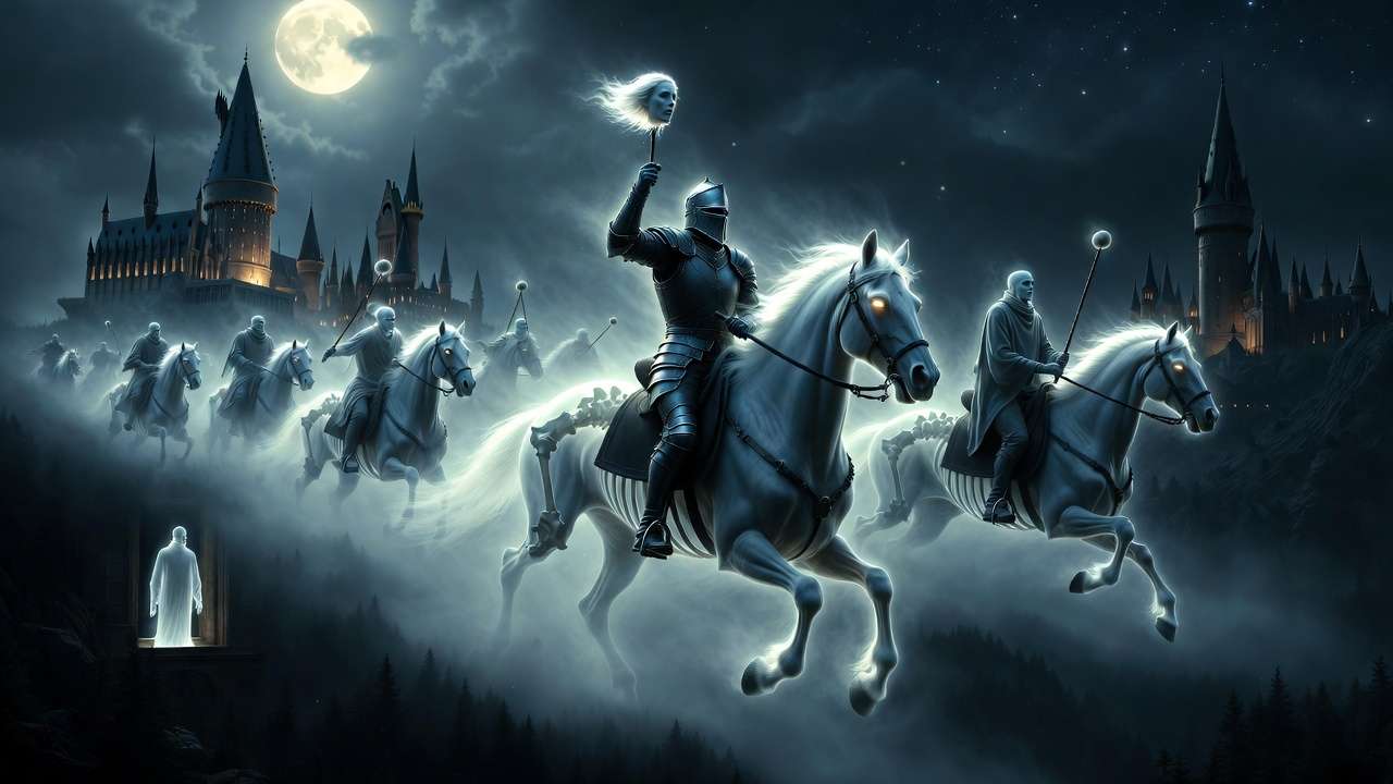 The Headless Hunt galloping past a longing Nearly Headless Nick at Hogwarts