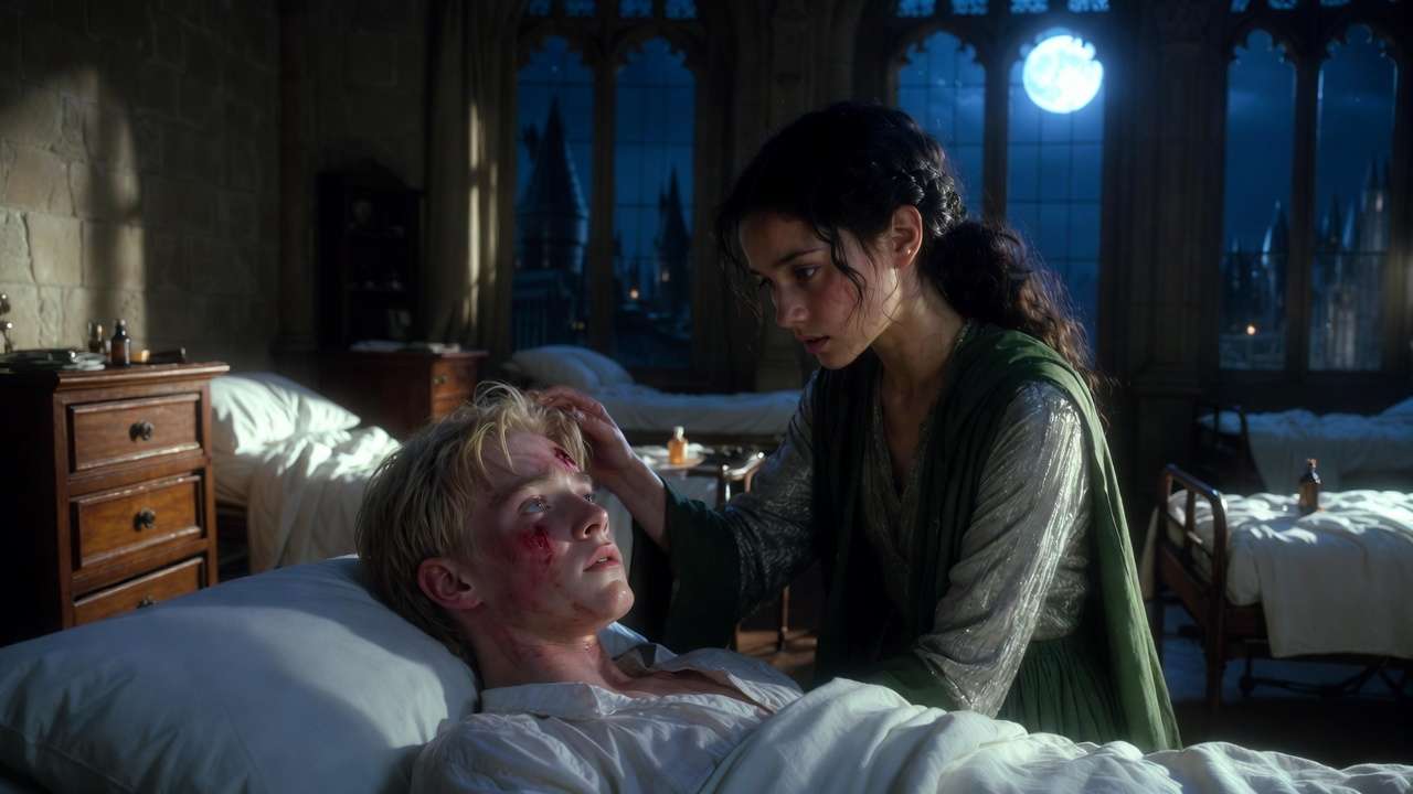Pansy Parkinson comforting Draco Malfoy in the Hogwarts hospital wing