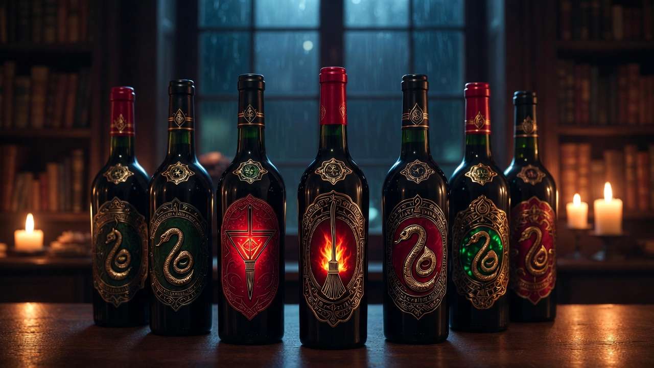 Collection of Harry Potter themed red wine bottles with Horcrux and Firebolt inspired labels on a candlelit table