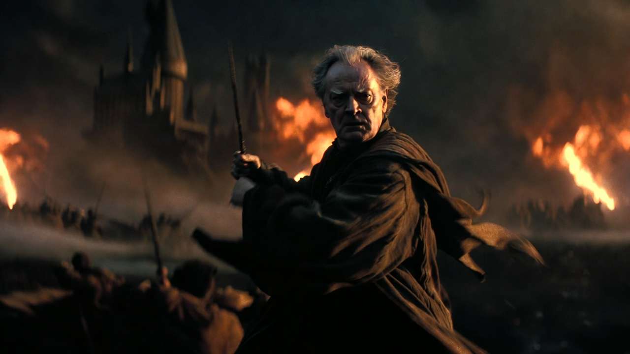 Jim Broadbent as Horace Slughorn fighting in the Battle of Hogwarts, heroic moment in Harry Potter Deathly Hallows Part 2