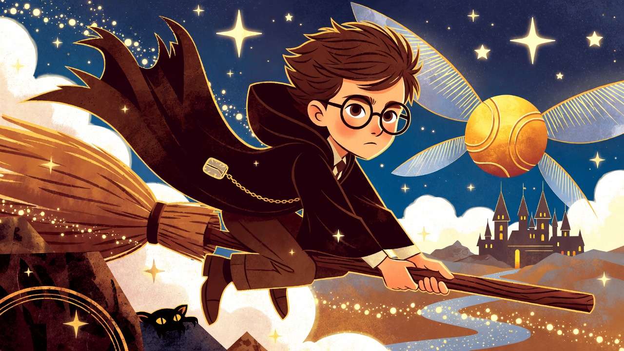 Iconic US Scholastic Harry Potter book cover by Mary GrandPré featuring symbolic collage design and flying Harry