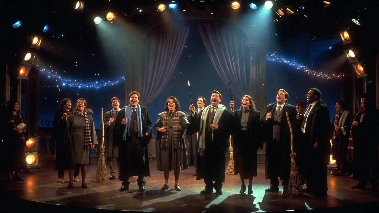 Saturday Night Live stage with cast in Harry Potter robes performing a parody sketch