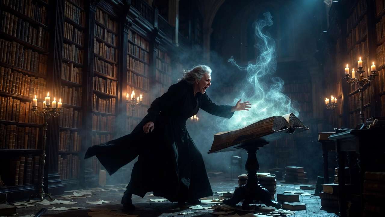 Madam Pince angrily reacting to defaced book in Hogwarts Library from Half-Blood Prince