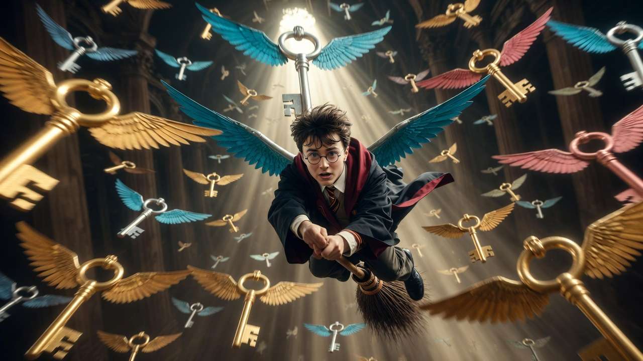 Harry Potter catching the winged key on his broom during the flying keys challenge in Harry Potter and the Philosopher's Stone