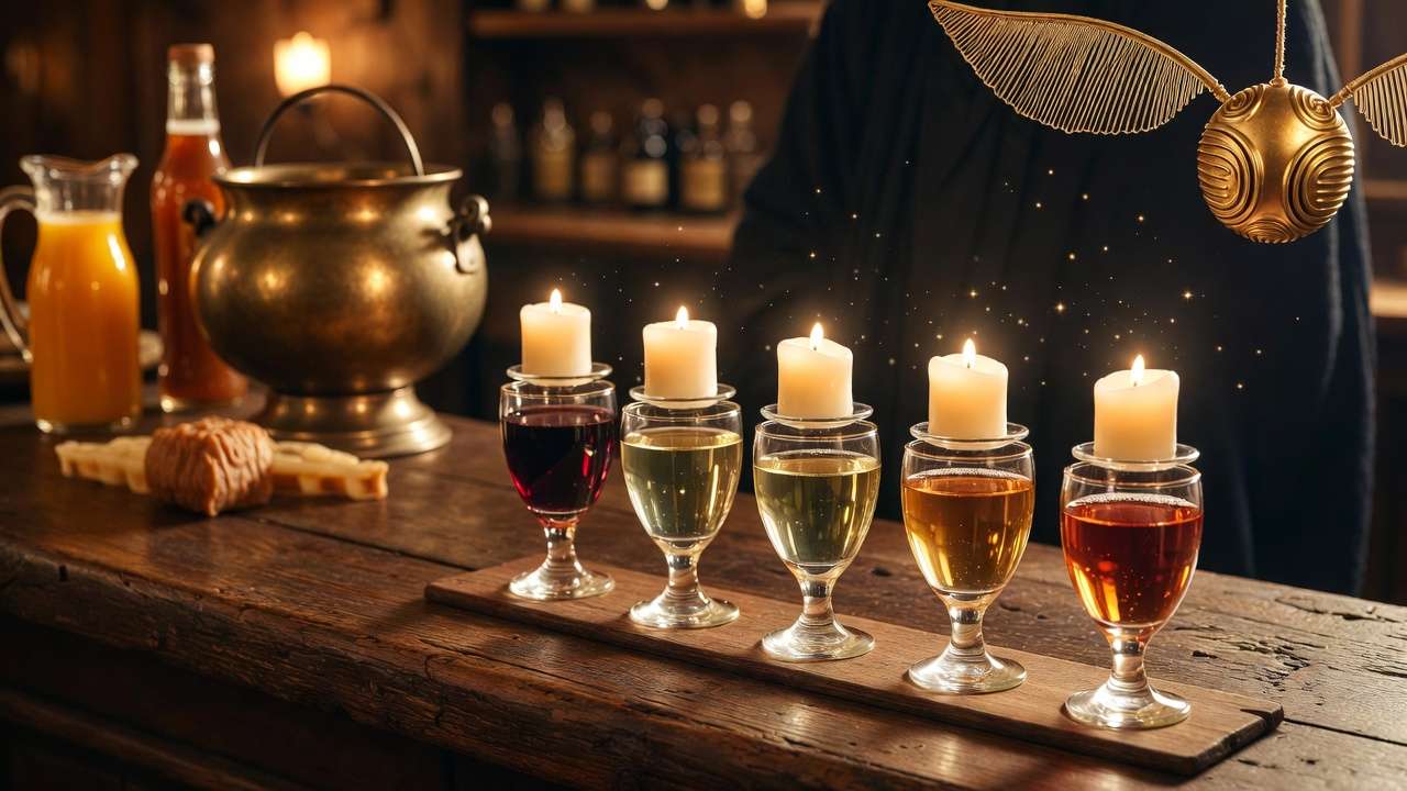 Enchanted Harry Potter wine tasting station with floating candles and magical tavern decor