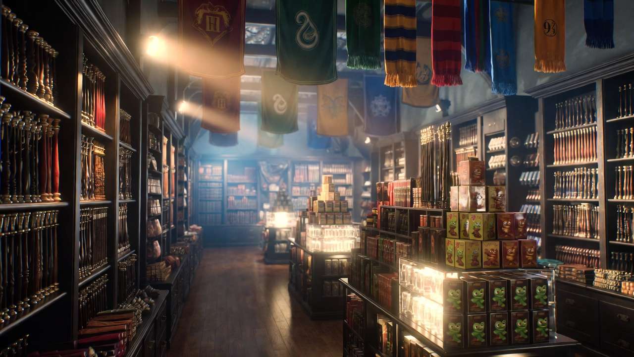 Interior of the Harry Potter Shop at Platform 9¾ showing wands, house scarves, and magical merchandise displays